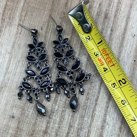 Monet Black Rhinestone Silver Tone Chandelier Beaded Stud Earrings - Picture 8 of 8